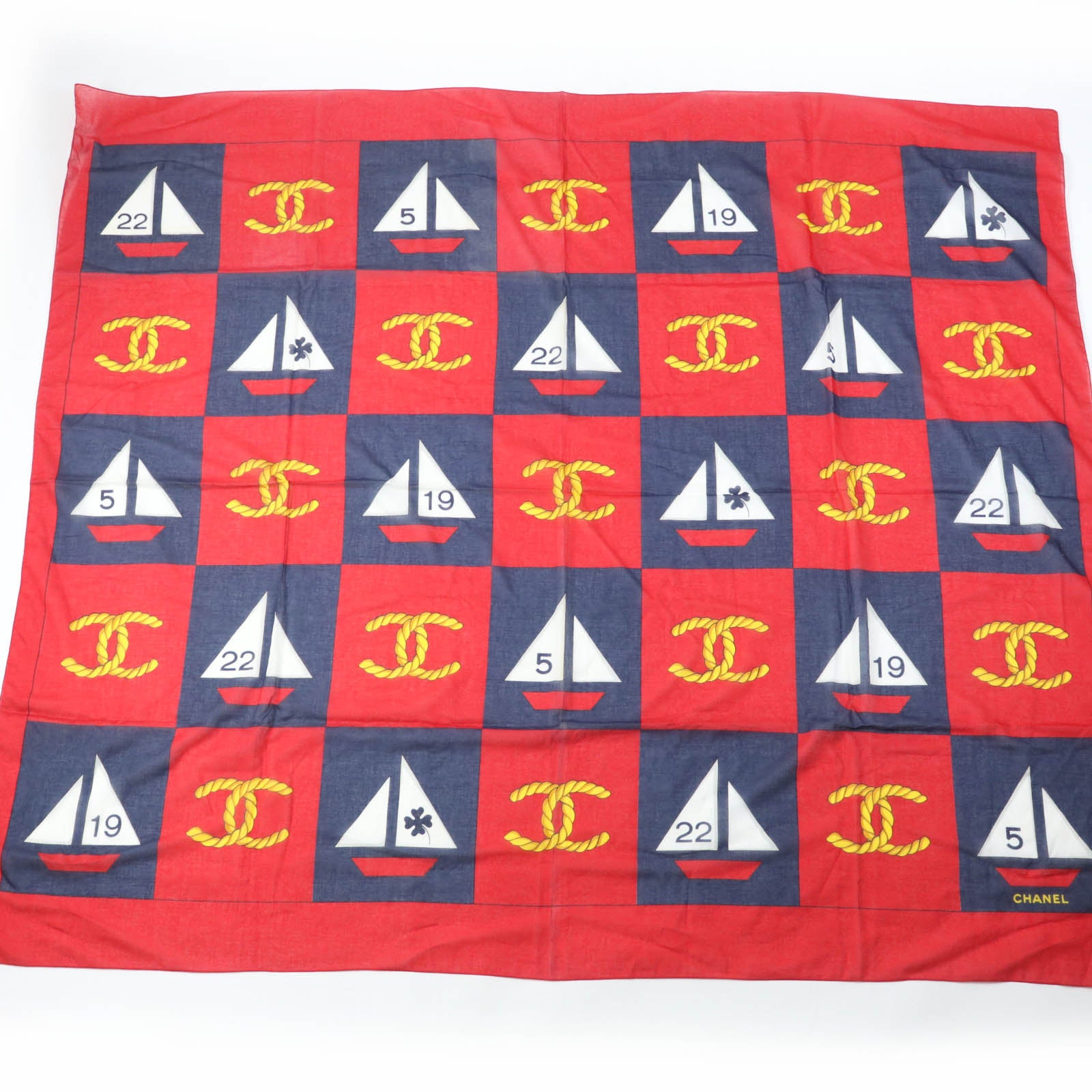 Good condition ☆CHANEL Vintage 100% cotton with Coco mark Large shawl, stole, red, navy, made in Italy, ladies [used]