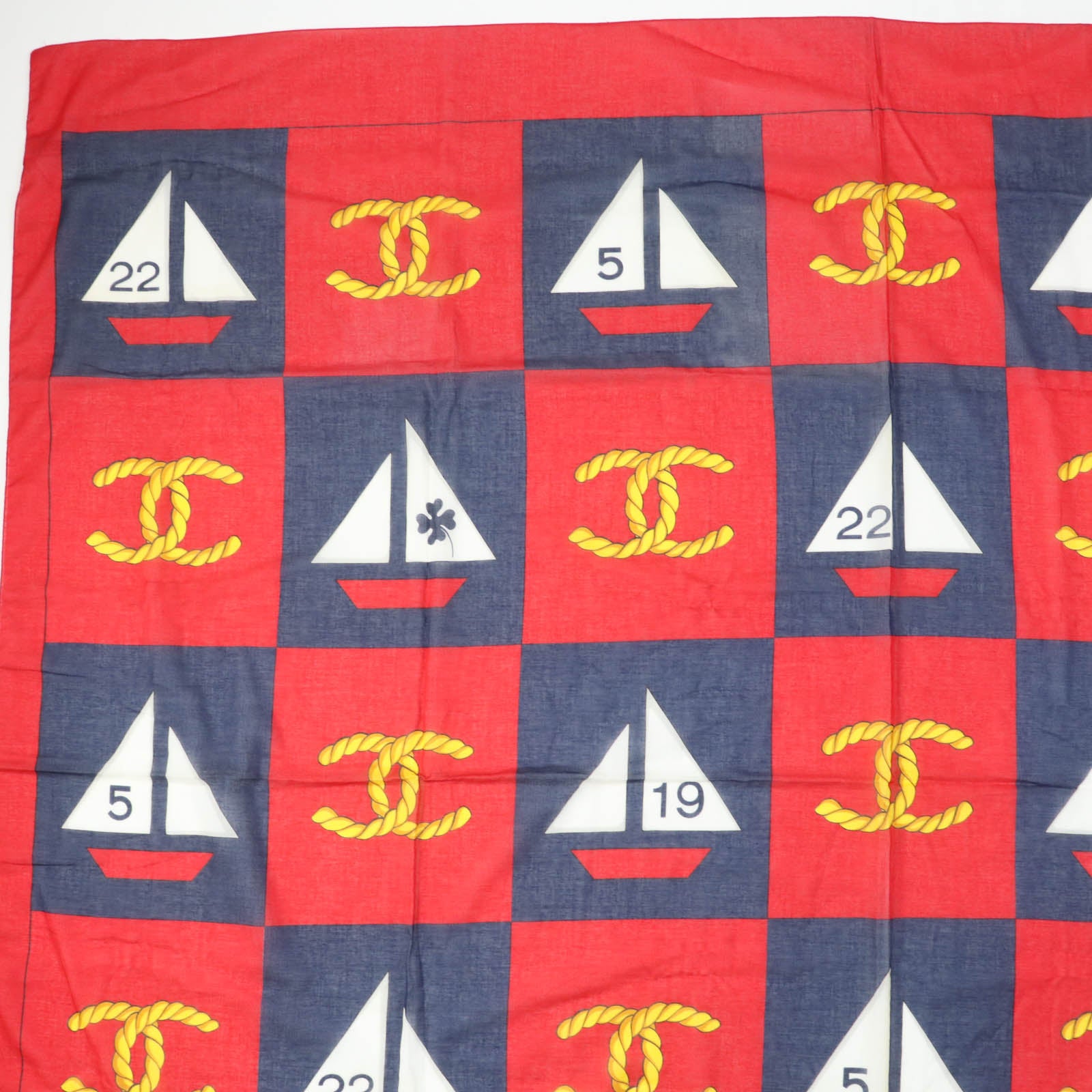 Good condition ☆CHANEL Vintage 100% cotton with Coco mark Large shawl, stole, red, navy, made in Italy, ladies [used]