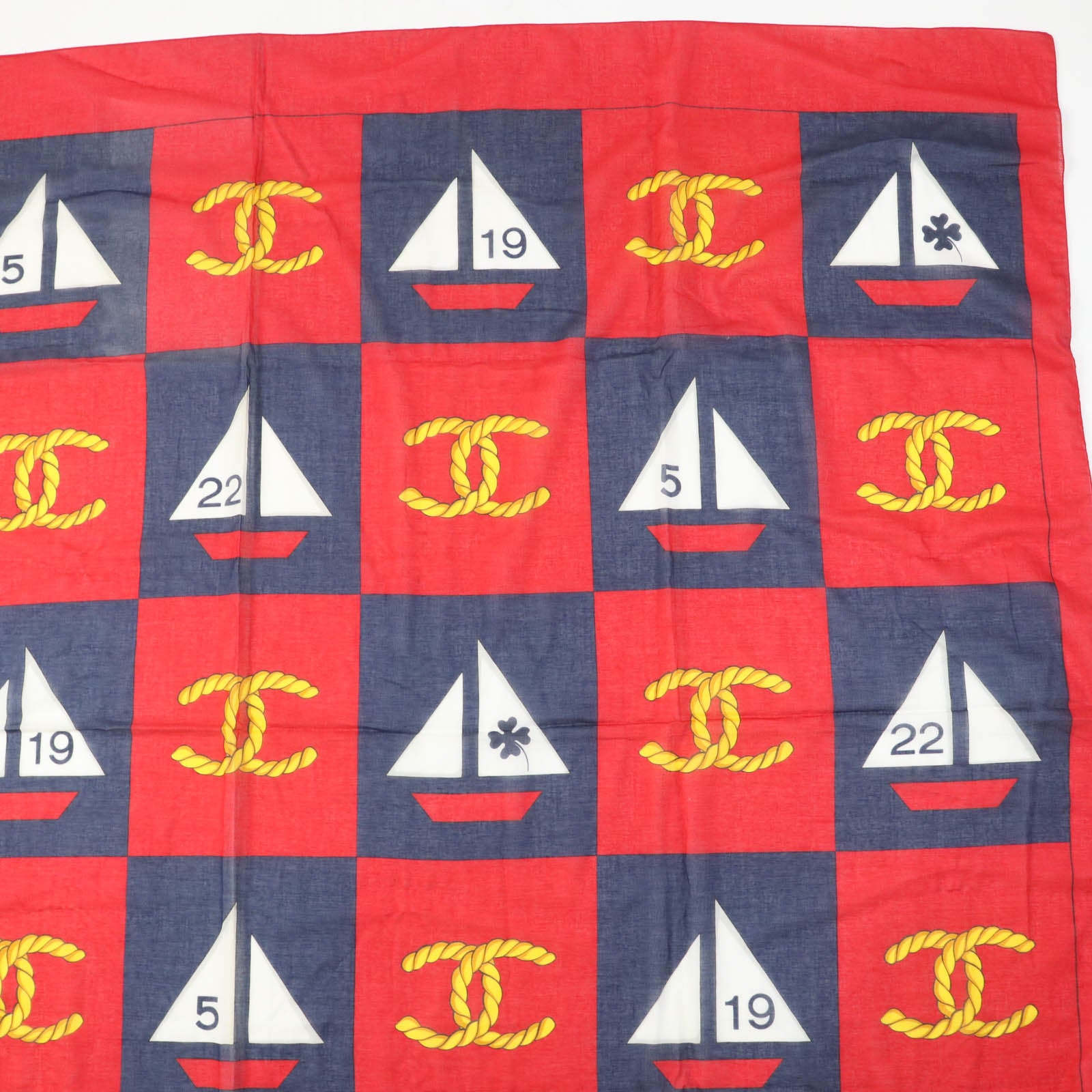 Good condition ☆CHANEL Vintage 100% cotton with Coco mark Large shawl, stole, red, navy, made in Italy, ladies [used]