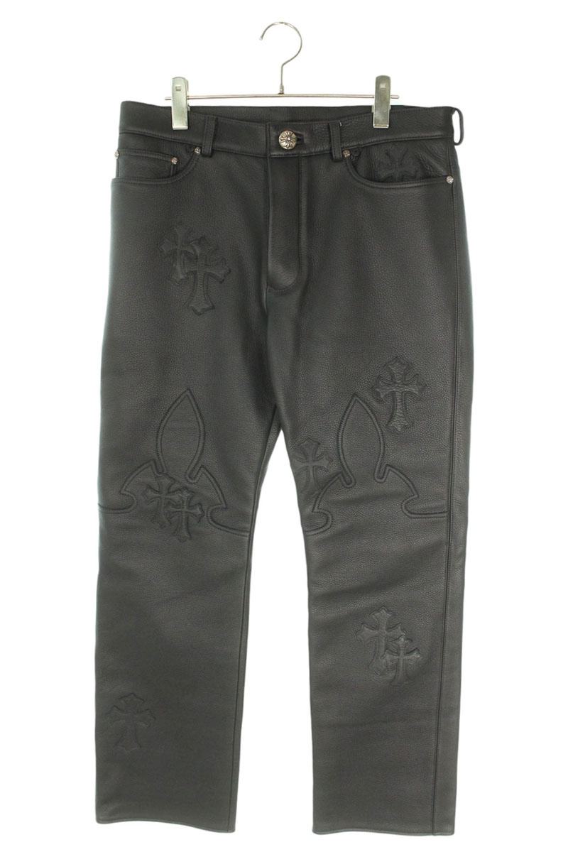 Chrome Hearts Size: 33 inches JEAN STRTLG LTHR Leather Long Pants with Cross Patch (Black x Silver) [810142] [GZ11] [Men's] [Used] bb169#rinkan*A