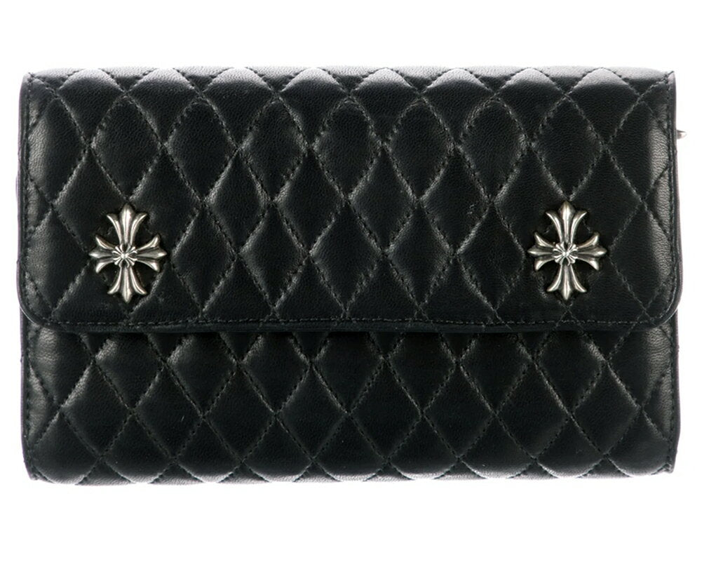 CHROME HEARTS WALLET WAVE CH CROSS Chrome Hearts Wallet - Wave #4, Quilted, 3 Snap, Motif, Black [Used]