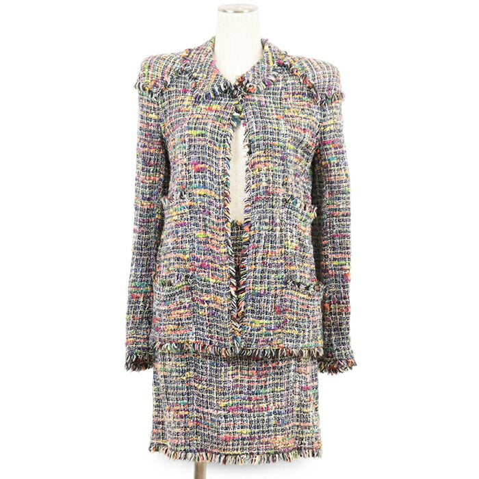 [Buen estado] Chaqueta de tweed de fantasía CHANEL Set-up Vintage 98P P11180 con logotipo de la marca COCO, botones y flecos, falda trapezoidal para mujer, talla 38, falda de salón