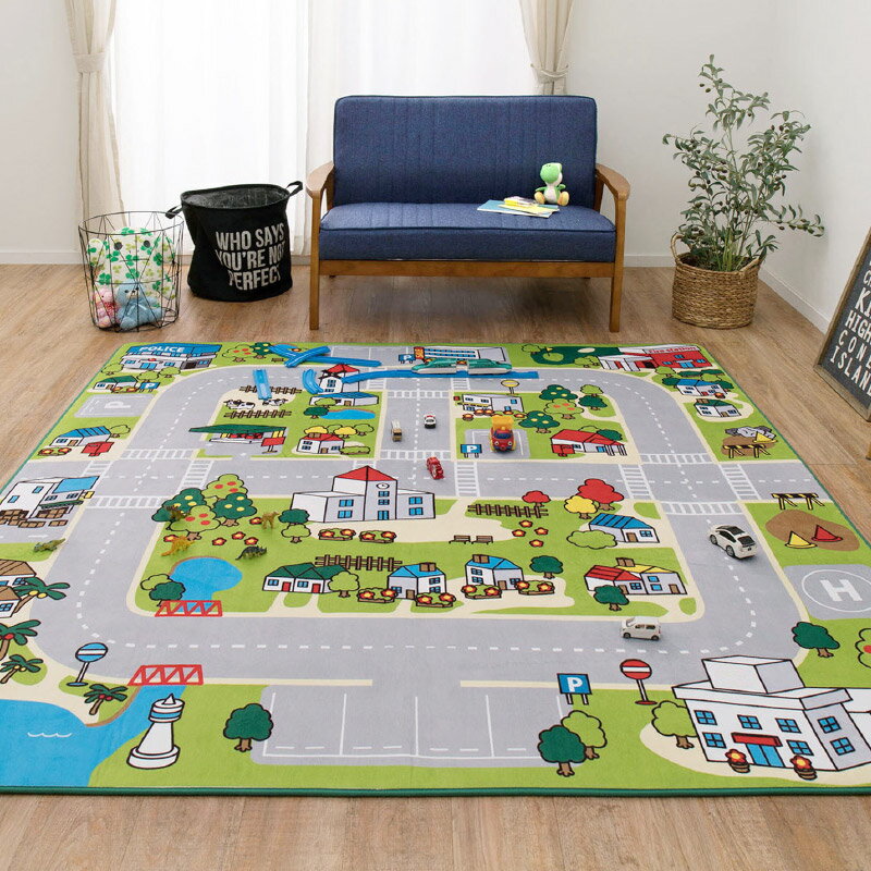 Kids Rug Washable Road Rug Tomica Plarail Car Lover New Town 2 [Approx. 130 x 190 cm/190 x 190 cm] [Approx. 1.5 tatami mats/2.5 tatami mats] Road pattern rug Carpet Washable Children's Room Children's Boys Play Mat Birthday