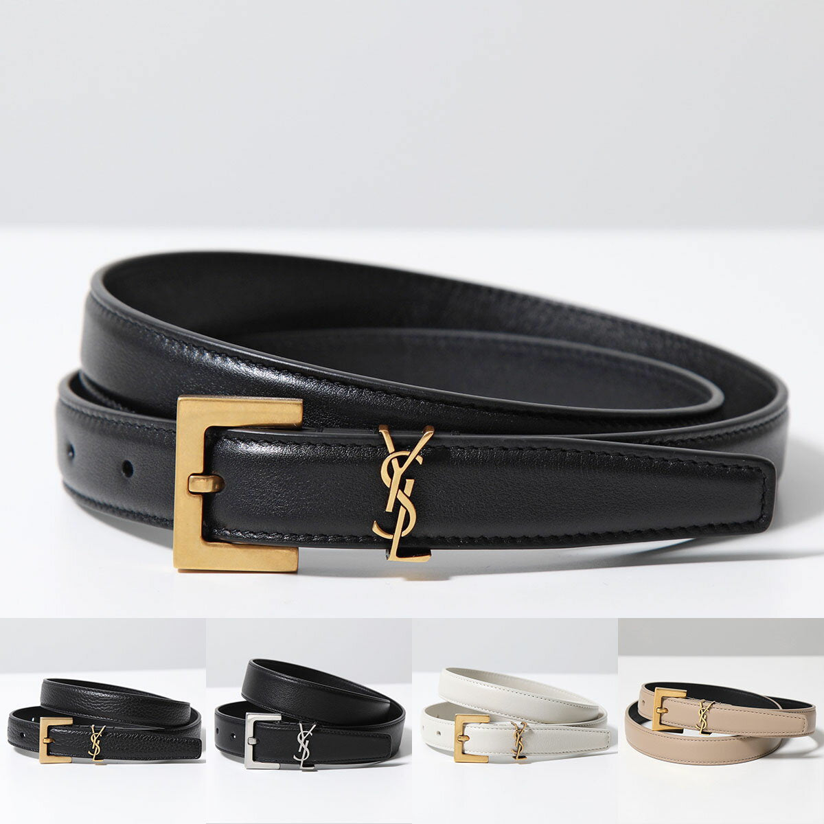 CINTURÓN SAINT LAURENT YSL 2.0 Estrecho 554465 612616 BOO0W BOO0E BRM0E DTI0W CINTURÓN DE CUERO PARA MUJER CON HEBILLA CUADRADA CON LOGO DE METAL YSL DE CASTAÑA, 5 COLORES [dc_kikaku]