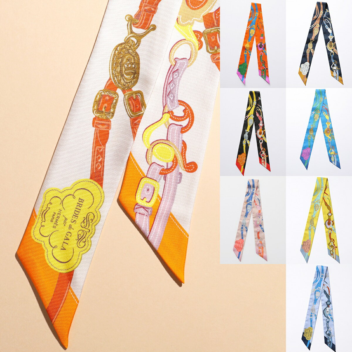 HERMES Twilly Scarf TWILLY 063940S Women's French Made Silk Bandana Belt Chain All-over Pattern Logo Case 8 Colors