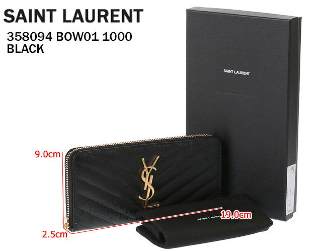 [5% off coupon] SAINT LAURENT PARIS "Monogram Full Zip Wallet" Quilted Caviar Skin Leather Round Zipper Long Wallet (Black) 358094 BOW01 1000/BLACK