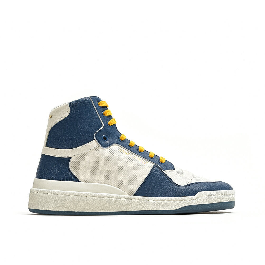 [Under half price] Saint Laurent SAINT LAURENT SL/24 MID-TOP SNEAKERS Mid-top sneakers Punching Crack effect leather High cut Calfskin leather White Blue