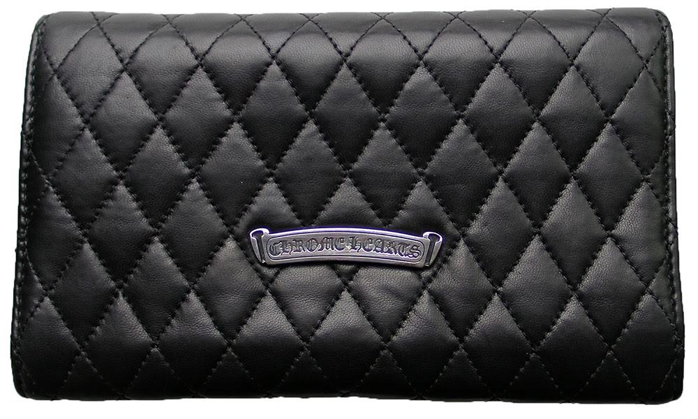 CHROME HEARTS WALLET WAVE CH CROSS Chrome Hearts Wallet - Wave #4, Quilted, 3 Snap, Motif, Black [Used]