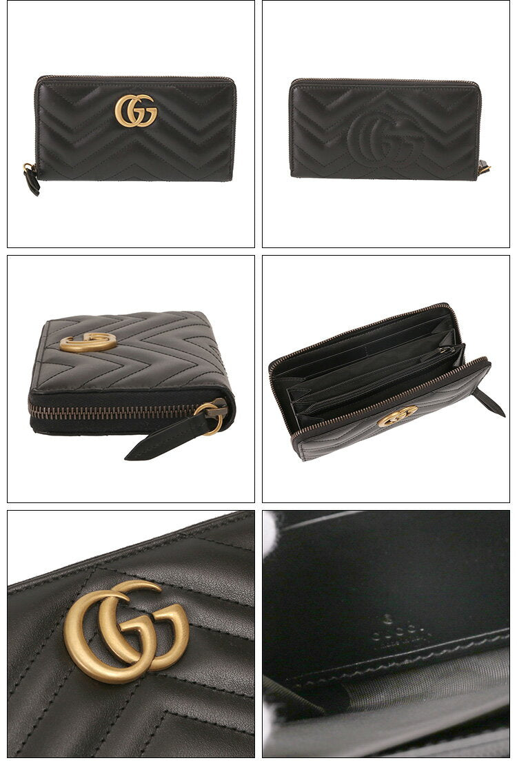 [5x points] Gucci / GUCCI "GG MARMONT/GG Marmont" Zip Around Wallet, Quilted Leather, Chevron, Round Zipper Long Wallet (Black) 443123 DTD1T 1000/BLACK