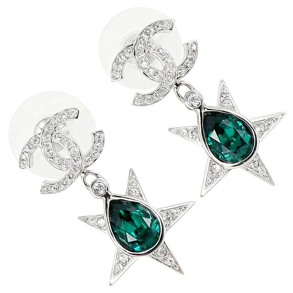 [New] Chanel Earrings Coco Mark & Star Metal Rhinestone Colored Stone Silver Strath Green Stone CHANEL Chanel Coco Mark Earrings Women's Clear Stone CC