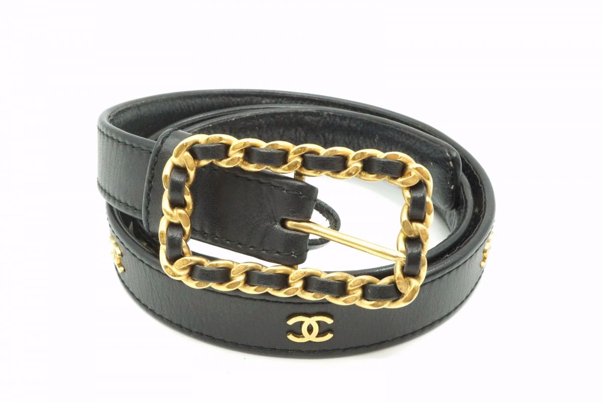 Chanel Vintage Chain Buckle Narrow Belt 12 Strap Coco Mark 94P 75/30 Leather Black CHANEL 1420k