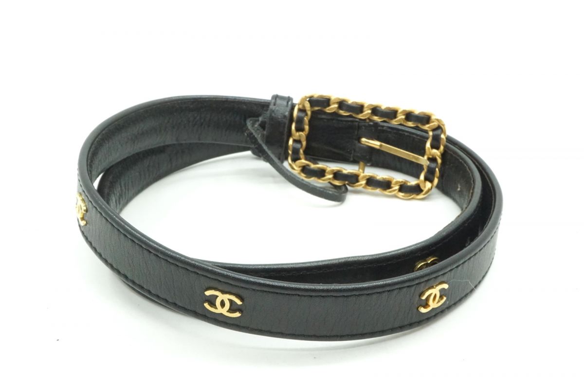 Chanel Vintage Chain Buckle Narrow Belt 12 Strap Coco Mark 94P 75/30 Leather Black CHANEL 1420k