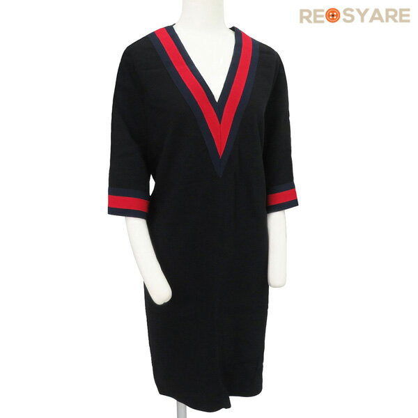 [Double Points - Super Sale Limited Time] Good Condition GUCCI 578702 Sherry Webline Trim V-neck Tunic Dress 46846 [Used]