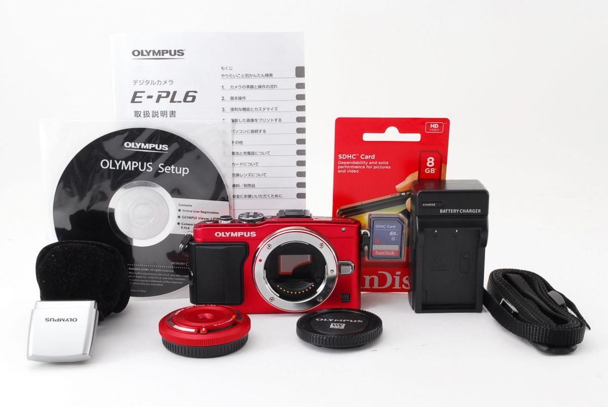 [Used] Olympus OLYMPUS Pen Lite E-PL6 Red Compact Lens Set, Beautiful Condition, Selfie, SD Card External Flash, Instruction Manual, with Strap