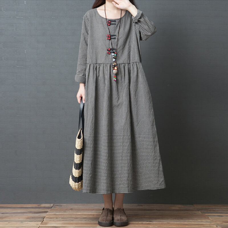 [Free Shipping] Dress for Women Long Dress Maxi Dress Check Long Maxi Length Cotton Linen Cotton Linen Linen Beautiful A-line Long Sleeve Large Size Mori Girl Body Covering Yu