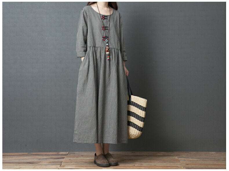 [Free Shipping] Dress for Women Long Dress Maxi Dress Check Long Maxi Length Cotton Linen Cotton Linen Linen Beautiful A-line Long Sleeve Large Size Mori Girl Body Covering Yu