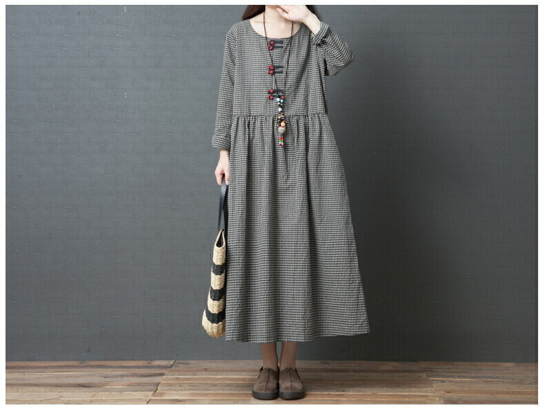 [Free Shipping] Dress for Women Long Dress Maxi Dress Check Long Maxi Length Cotton Linen Cotton Linen Linen Beautiful A-line Long Sleeve Large Size Mori Girl Body Covering Yu