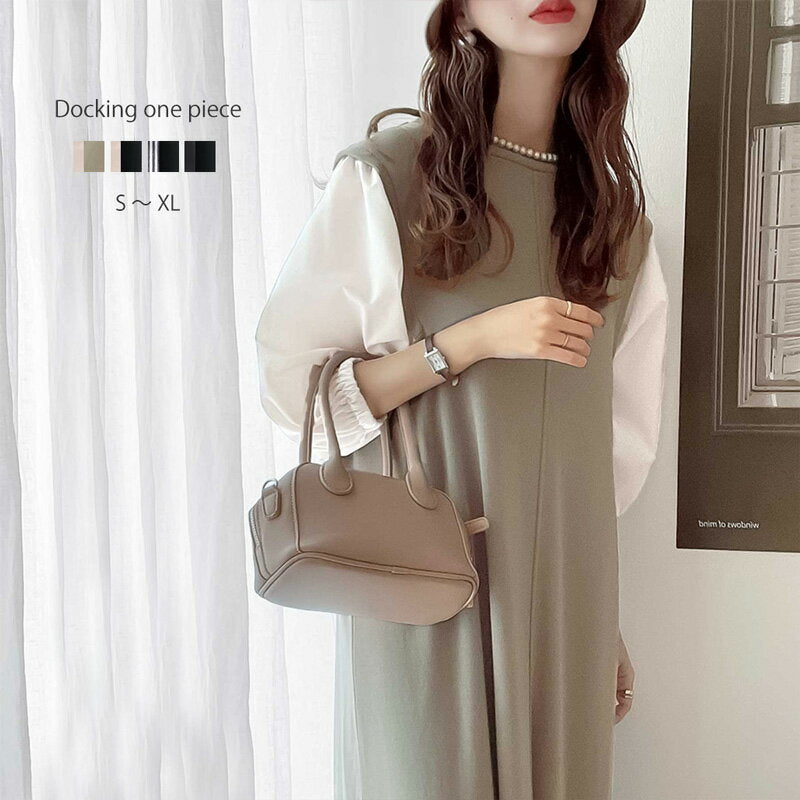 Free shipping Dress for women, cut and sew, popped sleeves, different materials, docking, volume sleeves, dress, neat, feminine, long length, plain, sleeve conscious, three-quarter sleeve, short sleeve, large size, spring, summer, autumn, winter, 2024ss