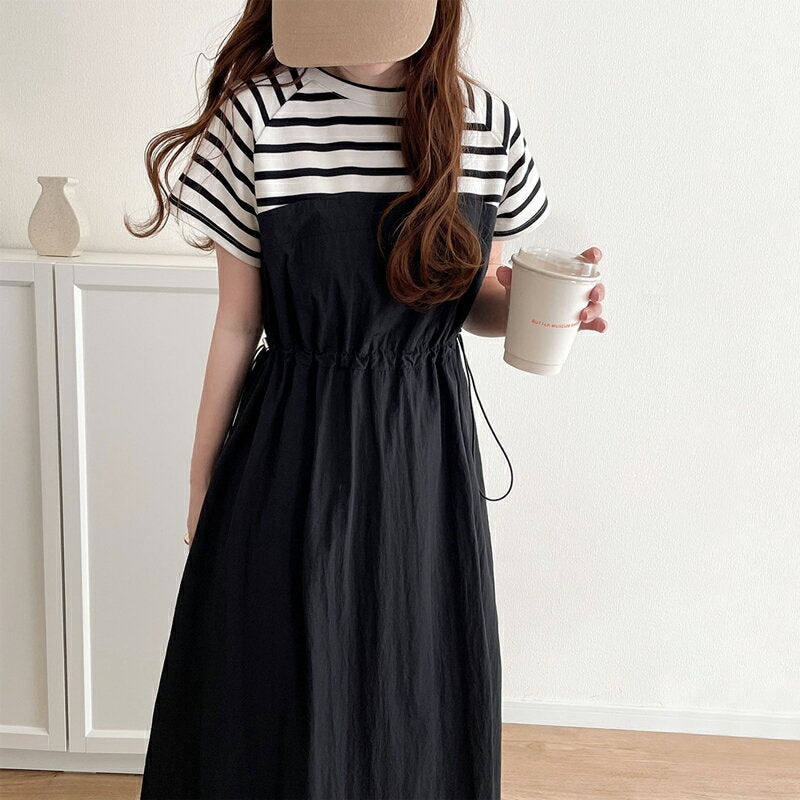 <Free shipping> Dress for women, French, sleeves, T-shirts, bustiers, docking, drawstring, long length, style-up, high-looking, body-like, slimming, easy, UV, large size, long dress