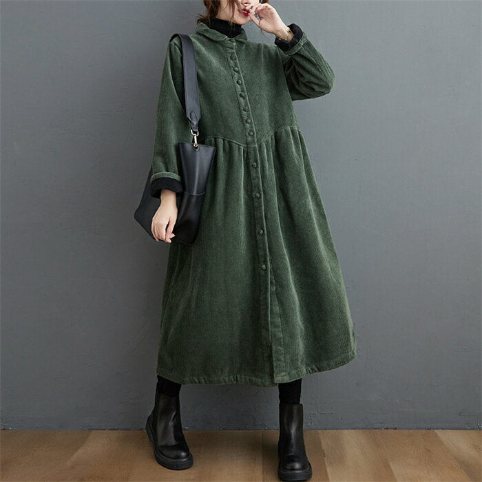 Boa-lined shirt dress for women, long coat, corduroy dress, autumn/winter, fleece dress, long, large size, mid-length, front opening, long sleeve dress, loose, body cover, thick, cold protection, warm