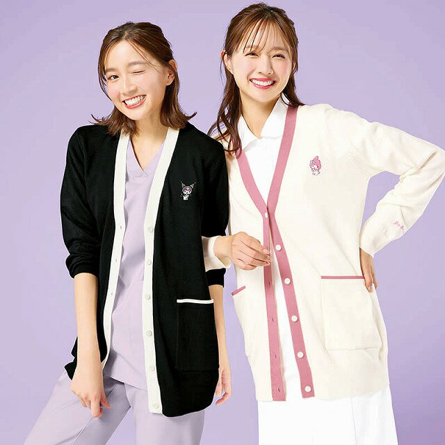 [Sanrio Characters] Color-coordinated long-length embroidered cardigan My Melo Kuromi Nurse Uniform Nurse uniform Nurse cardigan White coat Women Women Cute Stylish Long sleeves Office clothes Office Office