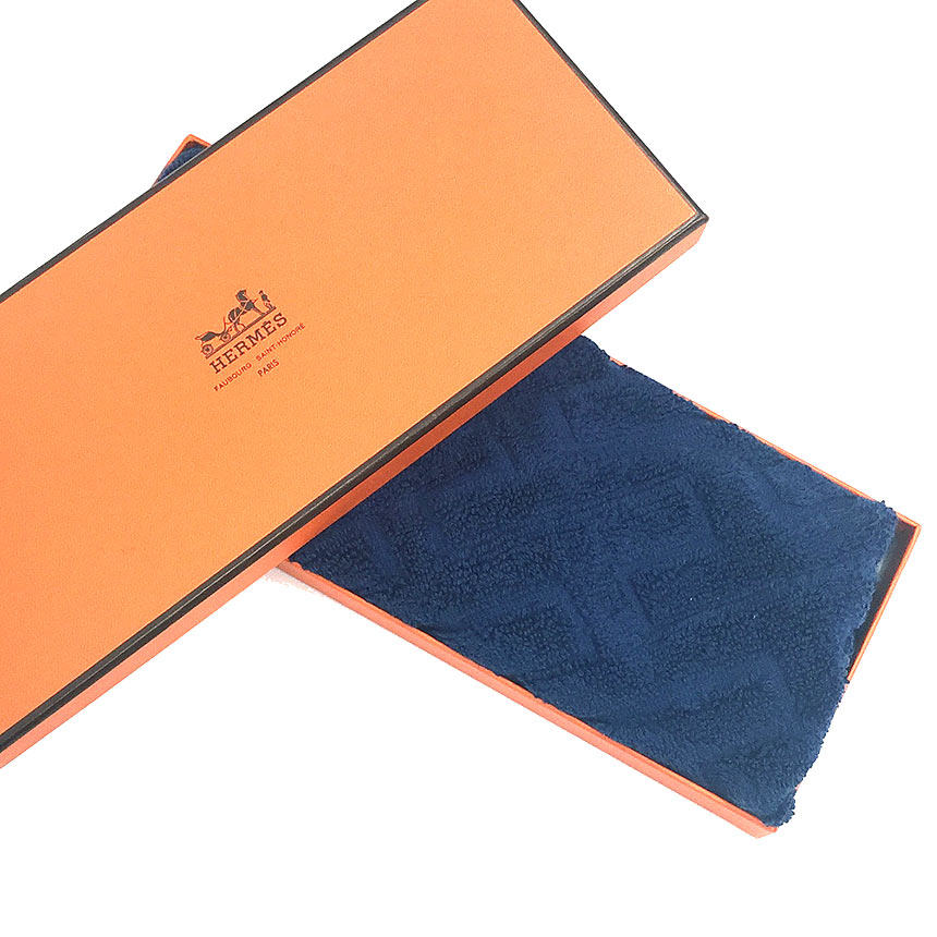 Sale Hermes HERMES Carre Towel Stairs Hand Towel Towel Handkerchief 100% Cotton Navy Blue H Logo Direct Store Box included Men's Women's Unisex Men's Women's