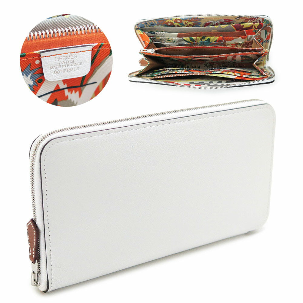 Hermes long wallet for women Azap Silk In Classic Evercolor New White Round Zipper Leather Silk HERMES