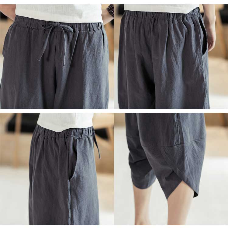 Simple linen sarouel pants, 3/4 length men's 8109, transformed shorts, MUJI pocket, spring, summer, 4COLOR M-5XL