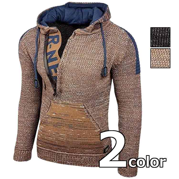 Hooded half zip up knit sweater tight long sleeve men's spring autumn winter front pocket muji zip design knit 2 colors M-4XL