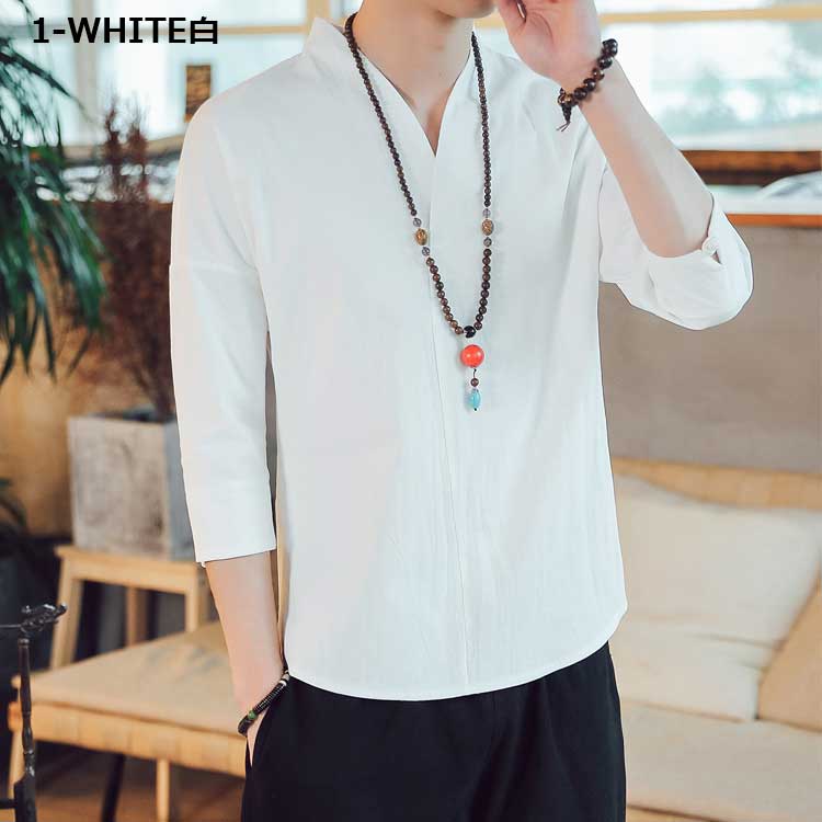 Linen shirt Chinese style T-shirt Shirt 3/4 sleeve Men's Spring/Summer Linen muji Plain V-neck Chinese buttons 5 colors M-5XL