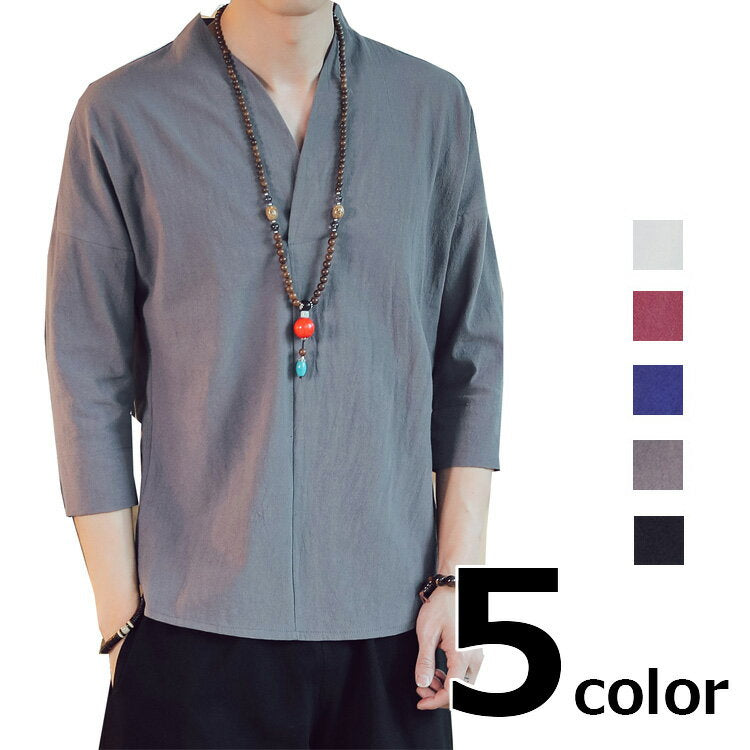 Linen shirt Chinese style T-shirt Shirt 3/4 sleeve Men's Spring/Summer Linen muji Plain V-neck Chinese buttons 5 colors M-5XL