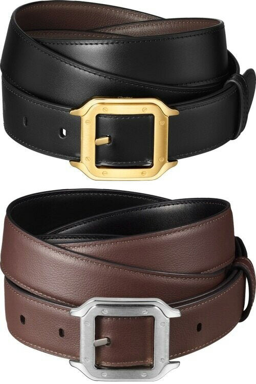 Cartier Cartier Men's Reversible Leather Belt Smooth Black x Dark Brown Cowhide Leather Santos De Cartier Gold Silver Free Size Cut Adjustable Calf Leather