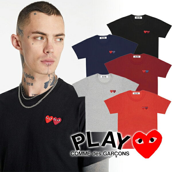 [COMME des GARCONS] COMME des Garcons PLAY Play Double Heart Logo T-shirt Cut and Sew Men's Garcons T-shirt Comme des Garcons shirt Brand T-shirt Brand logo Embroidery Brand clothing �