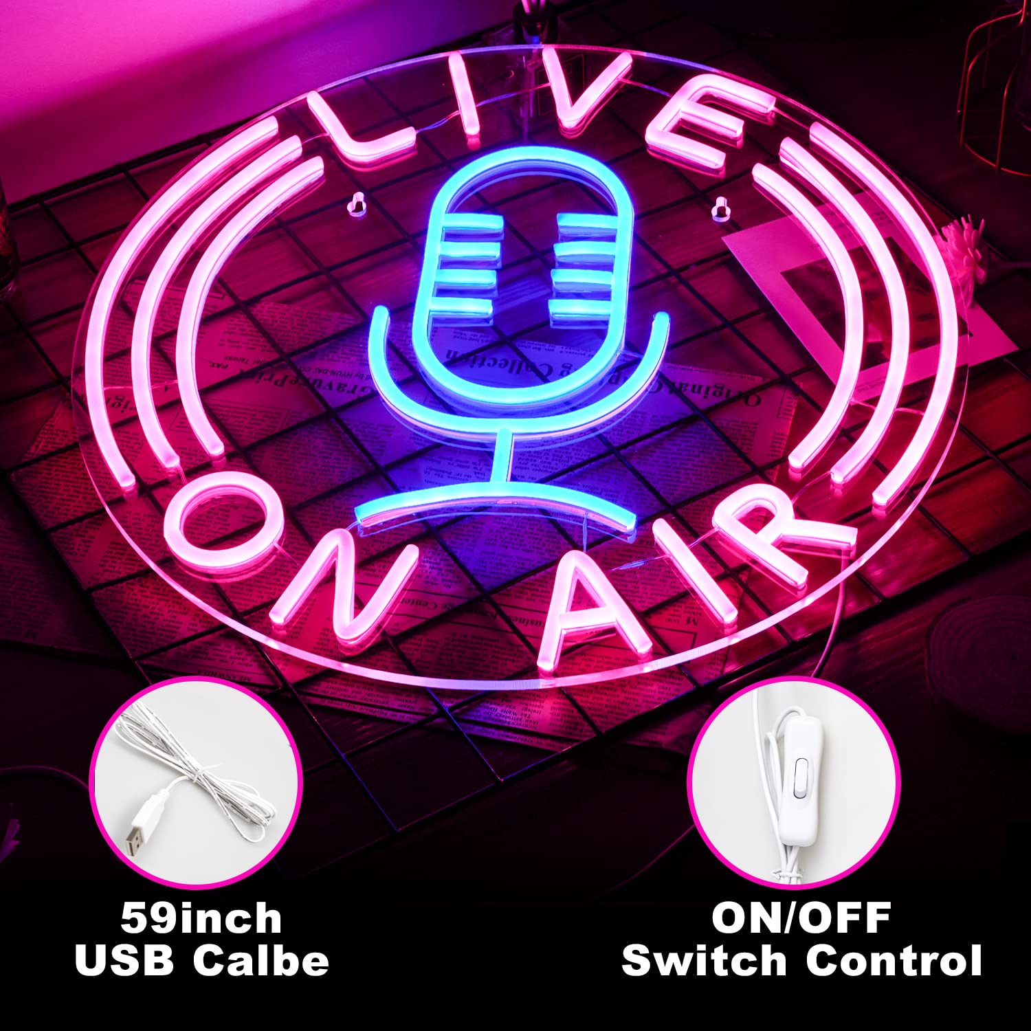 Letra de luz de neón con micrófono en vivo en el aire, LED, señal de neón, regulable, para estudio, decoración de sala de juegos, sala de transmisión, interior, tubo de neón, habitación de niños, adolescentes, regalo