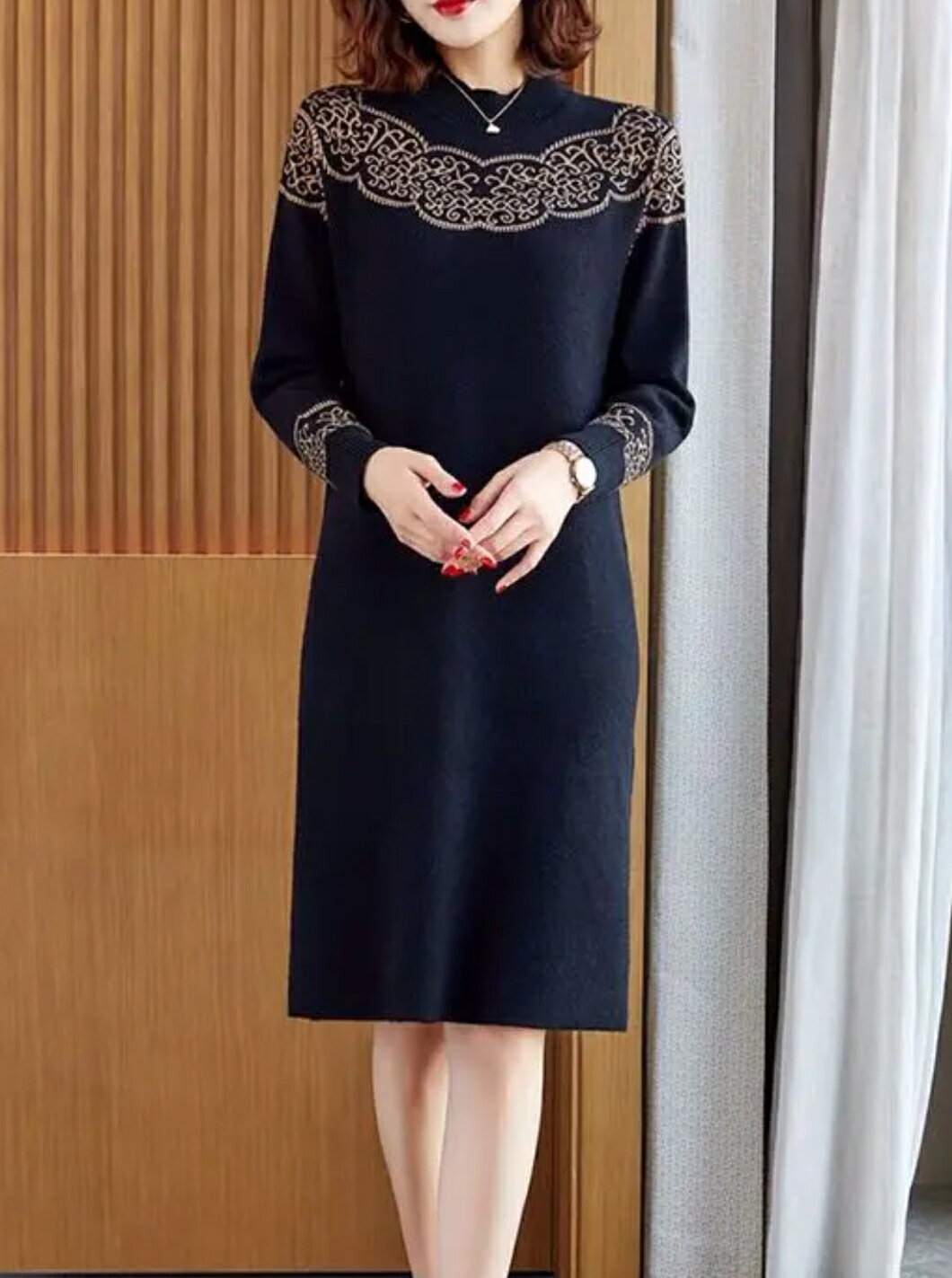 [20% OFF coupon for 72 hours only] Knit dress, autumn/winter, long sleeves, cashmere, autumn/winter, embroidery, after-party, entrance ceremony, graduation ceremony, presentation, office, casual, neat, elegant, body covering, 20s, 30s, 40s, 50s, 60s, 70s