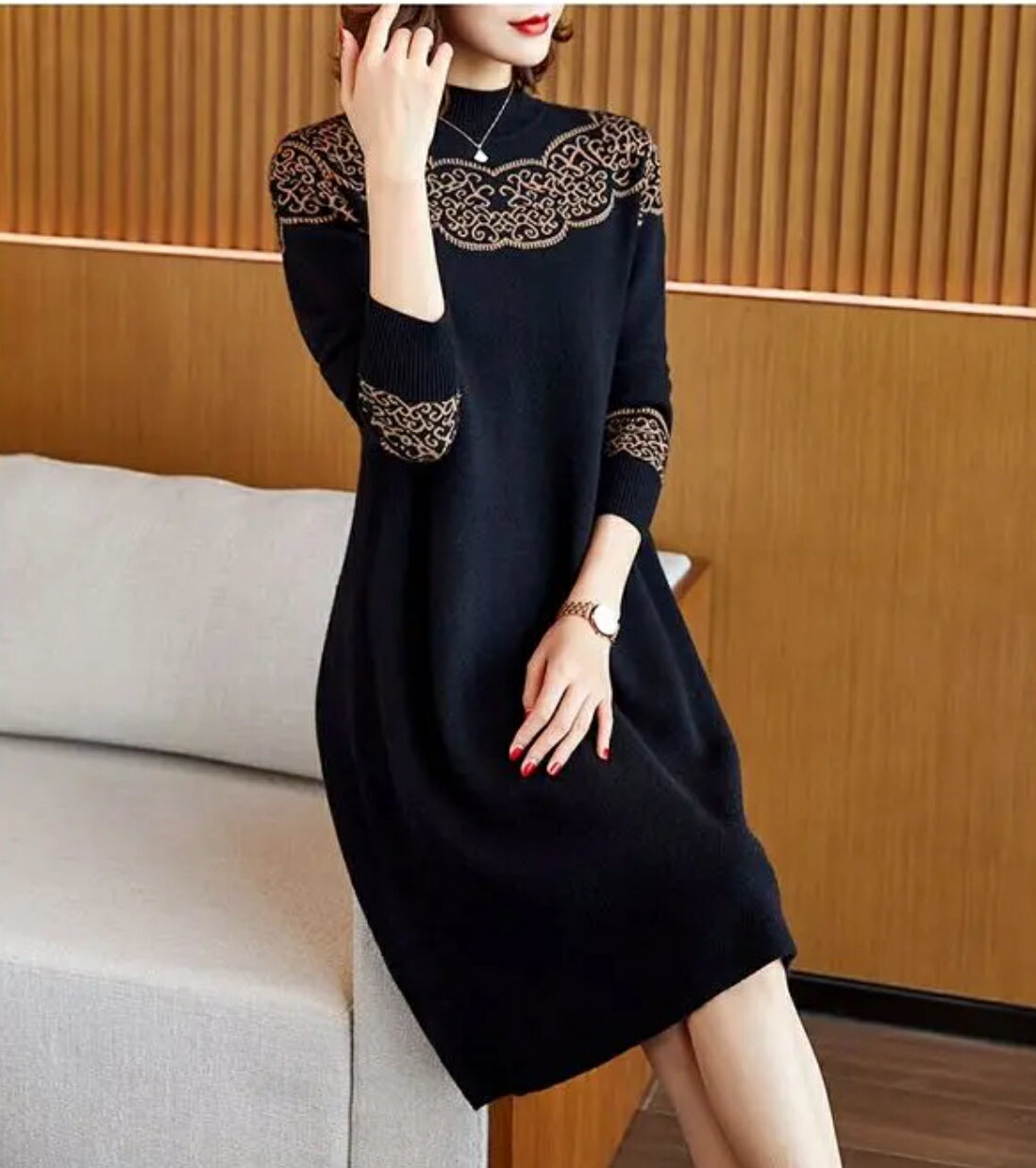 [20% OFF coupon for 72 hours only] Knit dress, autumn/winter, long sleeves, cashmere, autumn/winter, embroidery, after-party, entrance ceremony, graduation ceremony, presentation, office, casual, neat, elegant, body covering, 20s, 30s, 40s, 50s, 60s, 70s