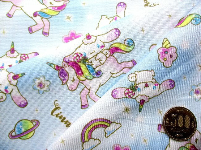 Character Fabric Cloth Cinnamoroll (Rainbow Unicorn Blue) Pattern Number 54 (2025) Oxford (100% cotton) Fabric Width - Approx. 108cm (Cinnamon Cinnamon Roll Shinamon Sanrio Blue)