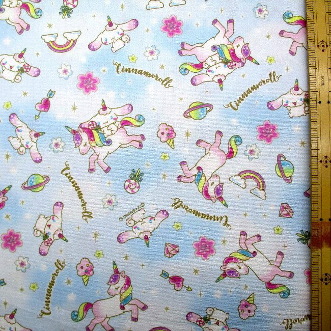 Character Fabric Cloth Cinnamoroll (Rainbow Unicorn Blue) Pattern Number 54 (2025) Oxford (100% cotton) Fabric Width - Approx. 108cm (Cinnamon Cinnamon Roll Shinamon Sanrio Blue)