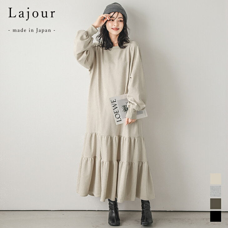 [Half-price coupon eligible] Lajour made in Japan Made in Japan Dress, Powan Sleeves, Tiered Gathered Sweatshirt, Fleece Long, Loose, Body Cover, Long Sleeve, Women's 2025 Spring/Summer New Arrival [laj-wp064] [Instant