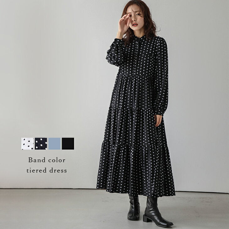 [Half-price coupon eligible] Tiered dress, puff sleeve, long sleeve, band collar, swaying, women's loose, body covering, recommended spring/summer 2025 [lswp302-53a] [Ready to ship & preorder: April 3rd/April 10th