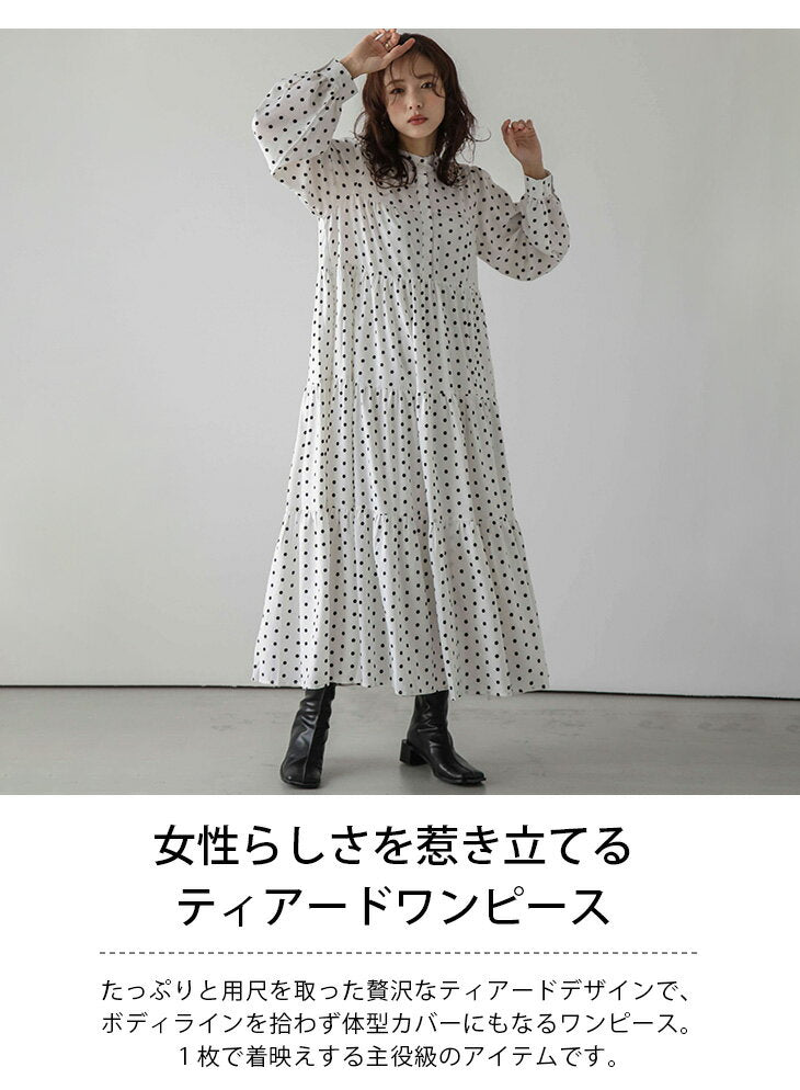 [Half-price coupon eligible] Tiered dress, puff sleeve, long sleeve, band collar, swaying, women's loose, body covering, recommended spring/summer 2025 [lswp302-53a] [Ready to ship & preorder: April 3rd/April 10th