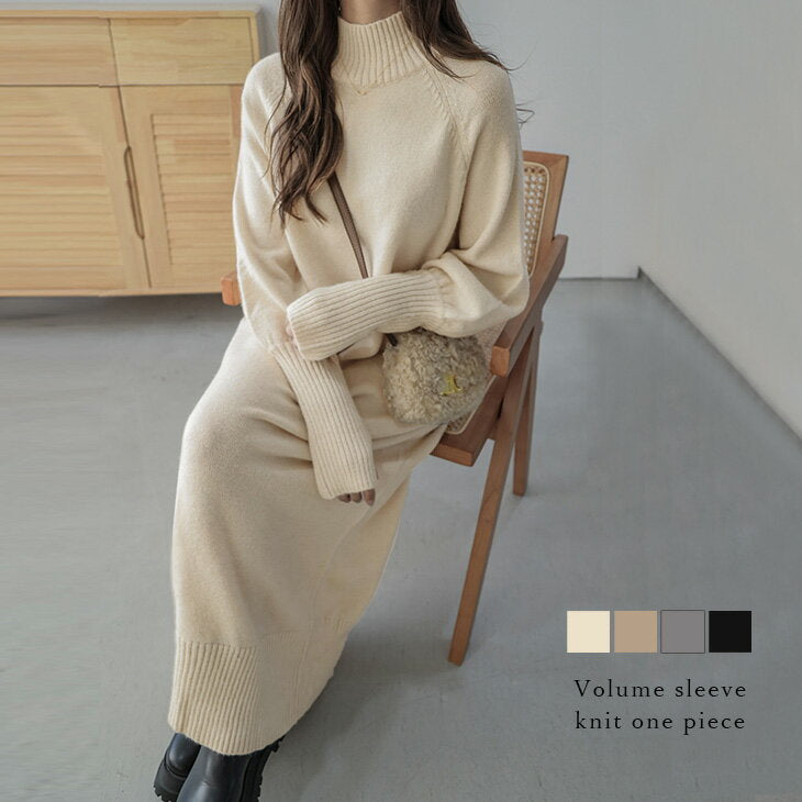 [Half-price coupon applicable] High neck finger hole sleeves, ribs, voluminous sleeves, maxi length, long knit dress, women's, recommended, stylish, black, free size, 2024 Autumn/Winter [lswp306-516] [Ready to ship: 1-5 business hours