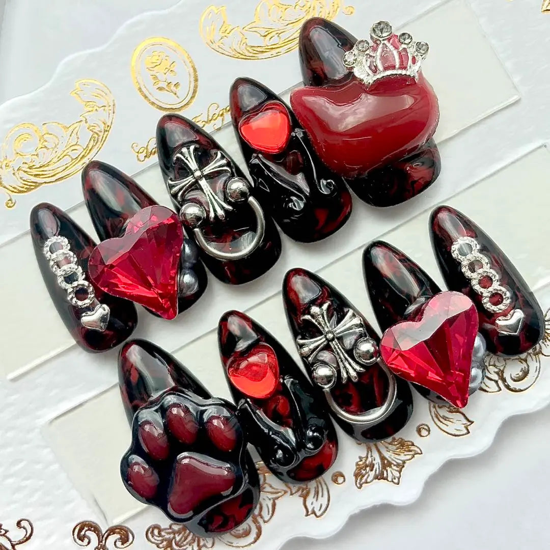 Nail tip mass-produced landmine subculture black red cat feather heart ra