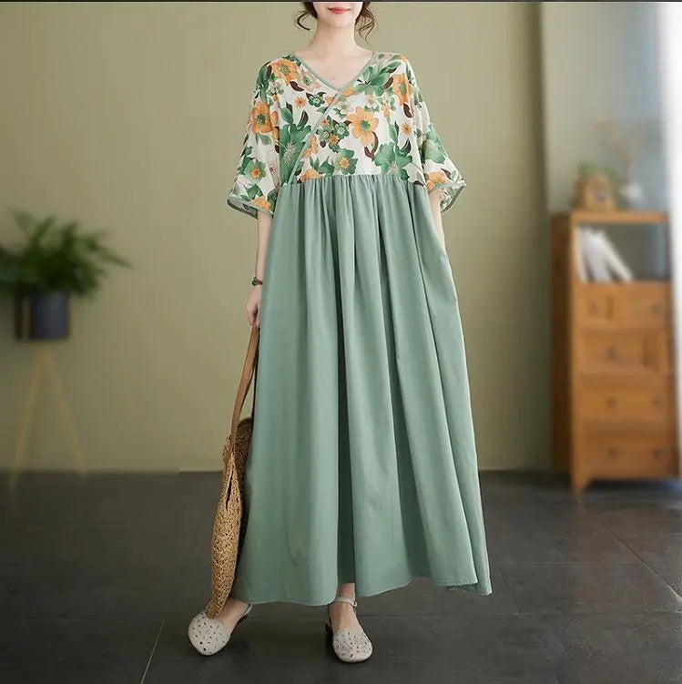 [Large size] Women's long dress, spring, summer, autumn, new, short sleeves, floral pattern