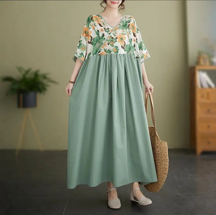 [Large size] Women's long dress, spring, summer, autumn, new, short sleeves, floral pattern