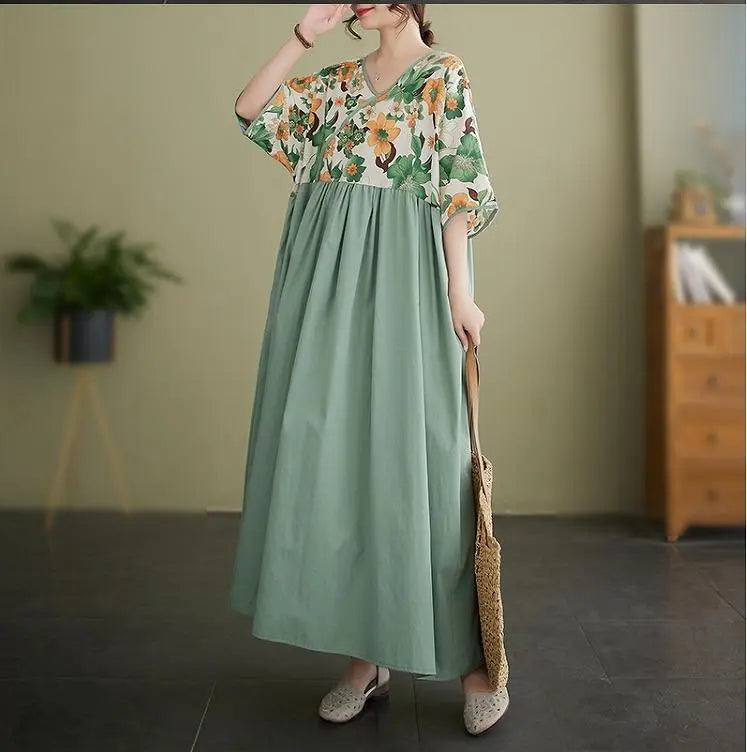 [Large size] Women's long dress, spring, summer, autumn, new, short sleeves, floral pattern