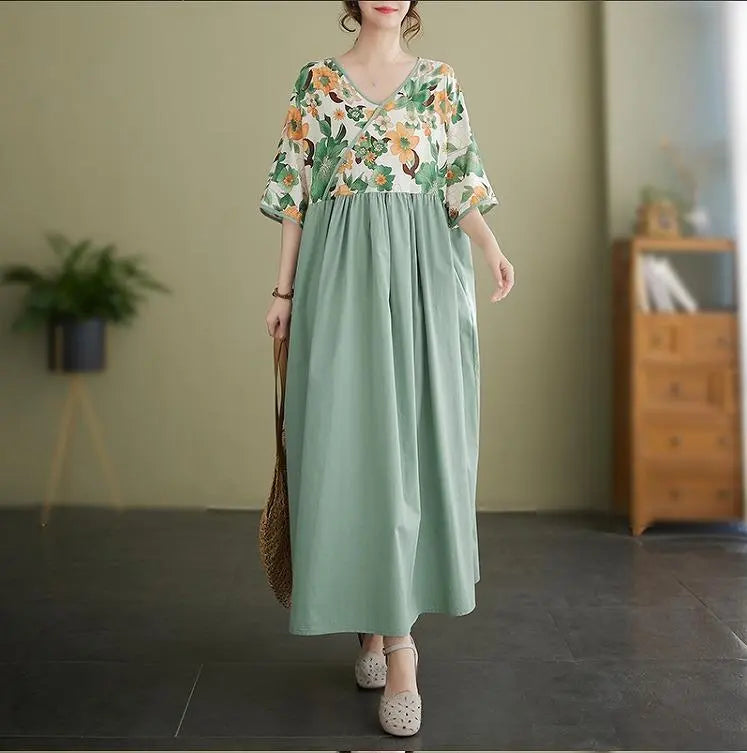 [Large size] Women's long dress, spring, summer, autumn, new, short sleeves, floral pattern