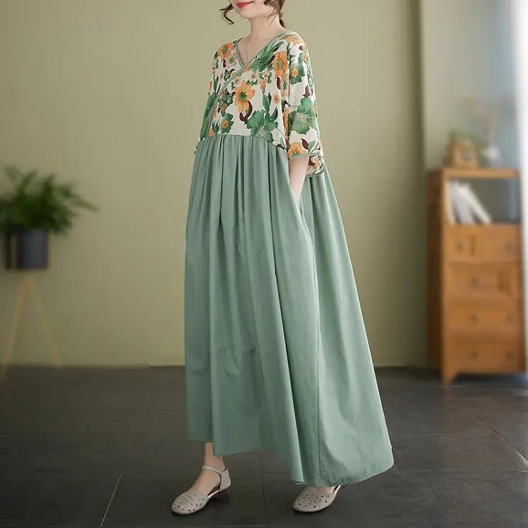 [Large size] Women's long dress, spring, summer, autumn, new, short sleeves, floral pattern