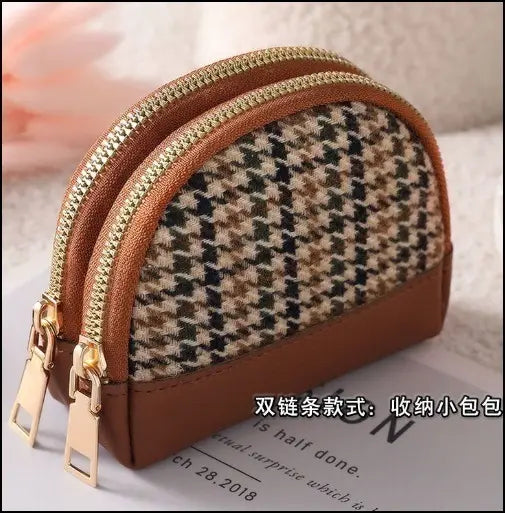 Houndstooth pattern coin case brown women's PU leather cosmetic pouch coin purse