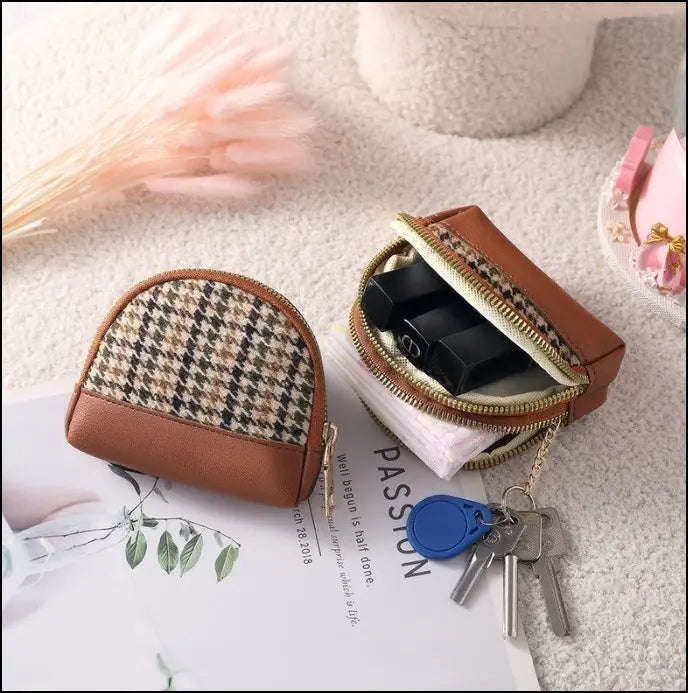 Houndstooth pattern coin case brown women's PU leather cosmetic pouch coin purse